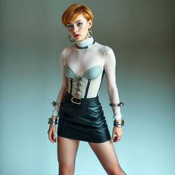 A captivating photo of a full-body pose showcasing a young woman with light orange short hair