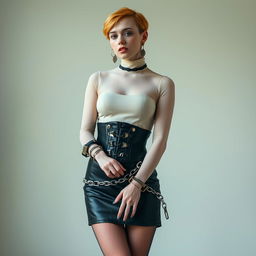 A captivating photo of a full-body pose showcasing a young woman with light orange short hair