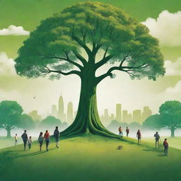 Construct a high-definition, vibrant environmental poster with a large central tree. Modern-stylized individuals, some backpacking, act as guardians, set slightly distant with backs turned. Amid a distant skyline, an expansive, intensely green landscape dominates, accentuating the harmony between humanity and environment.