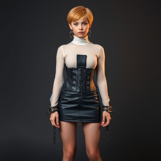 A striking full-body photo of a girl with light orange short hair posing confidently