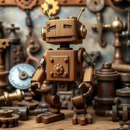 A detailed D&D steampunk themed miniature robot crafted from intricately carved wood, featuring brass gears and steampunk design elements