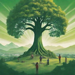 Construct a high-definition, vibrant environmental poster with a large central tree. Modern-stylized individuals, some backpacking, act as guardians, set slightly distant with backs turned. Amid a distant skyline, an expansive, intensely green landscape dominates, accentuating the harmony between humanity and environment.