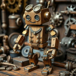 A detailed D&D steampunk themed miniature robot crafted from intricately carved wood, featuring brass gears and steampunk design elements