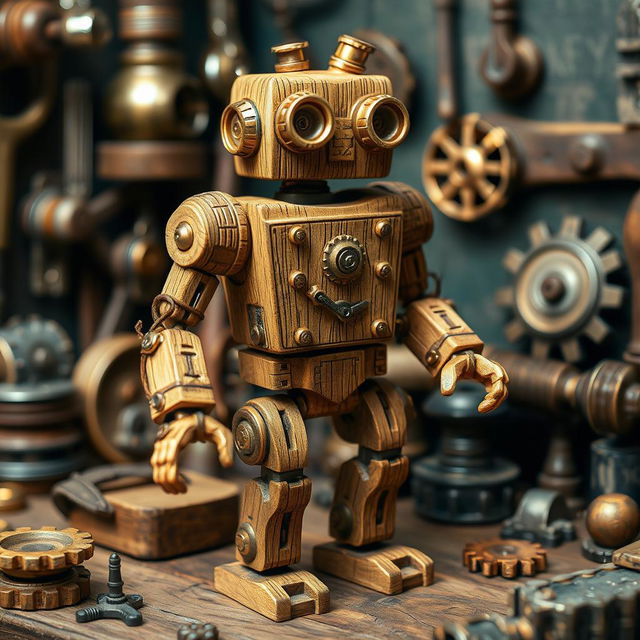 A detailed D&D steampunk themed miniature robot crafted from intricately carved wood, featuring brass gears and steampunk design elements