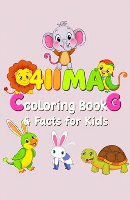 Six different colorful and cute cartoon-style animals with large eyes and simple outlines, playfully hanging on the title "44 Animal Coloring Book & Facts for Kids" in the center