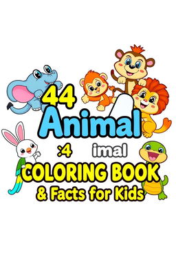 Six different colorful and cute cartoon-style animals with large eyes and simple outlines, playfully hanging on the title "44 Animal Coloring Book & Facts for Kids" in the center