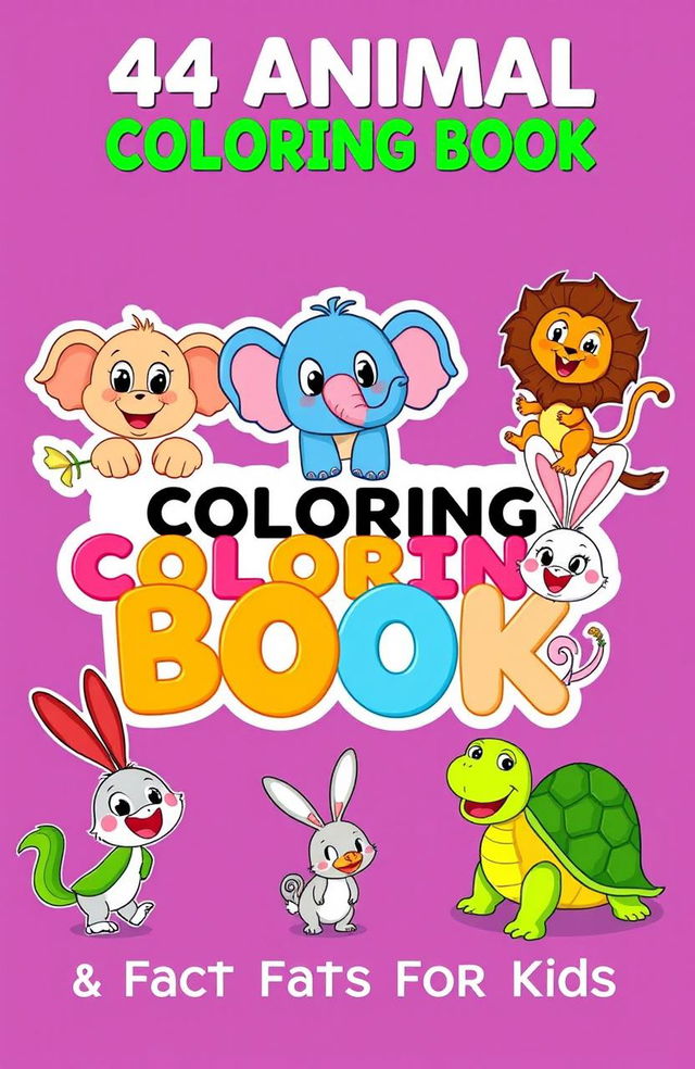 Six different colorful and cute cartoon-style animals with large eyes and simple outlines, playfully hanging on the title "44 Animal Coloring Book & Facts for Kids" in the center