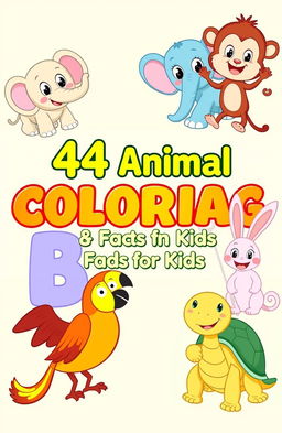 Six different colorful and cute cartoon-style animals with large eyes and simple outlines, playfully hanging on the title "44 Animal Coloring Book & Facts for Kids" in the center