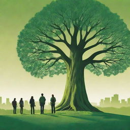 Construct a high-definition, vibrant environmental poster with a large central tree. Modern-stylized individuals, some backpacking, act as guardians, set slightly distant with backs turned. Amid a distant skyline, an expansive, intensely green landscape dominates, accentuating the harmony between humanity and environment.