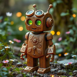 A fantastical D&D steampunk themed miniature robot, elegantly crafted from enchanting wood with natural textures, intricate carvings, and adorned with brass gears