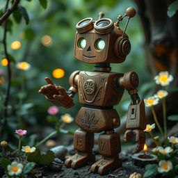 A fantastical D&D steampunk themed miniature robot, elegantly crafted from enchanting wood with natural textures, intricate carvings, and adorned with brass gears