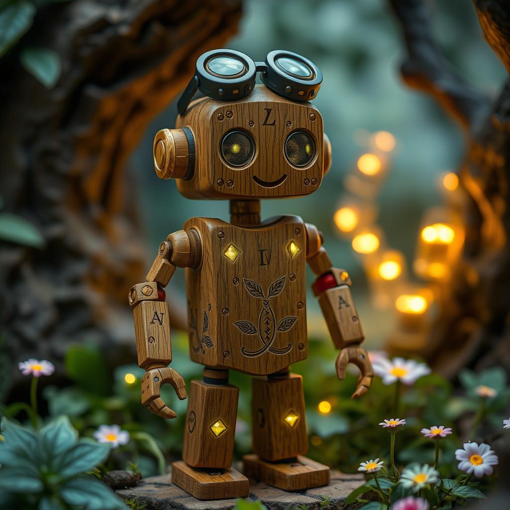 A fantastical D&D steampunk themed miniature robot, elegantly crafted from enchanting wood with natural textures, intricate carvings, and adorned with brass gears