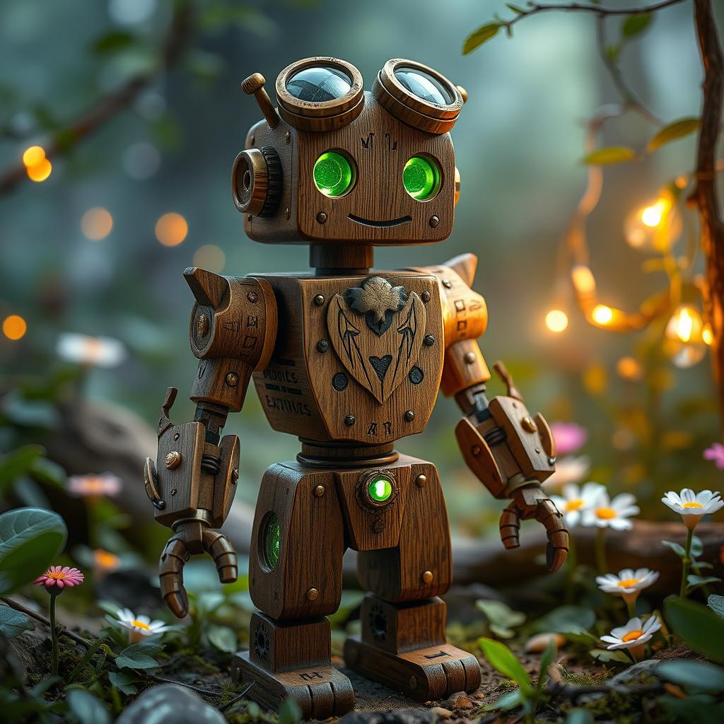 A fantastical D&D steampunk themed miniature robot, elegantly crafted from enchanting wood with natural textures, intricate carvings, and adorned with brass gears