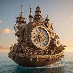 A whimsical clockpunk tanker, decorated with intricate gears, pendulums, and ticking clock faces, drifting in a tranquil sea under a sun-dial lit, golden-hour sky.