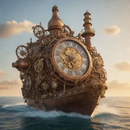 A whimsical clockpunk tanker, decorated with intricate gears, pendulums, and ticking clock faces, drifting in a tranquil sea under a sun-dial lit, golden-hour sky.