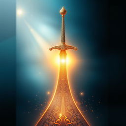 A stunning book cover design featuring an Islamic theme, showcasing the Sword of Imam Ali as a central visual element that transforms into a radiant pathway leading to heaven