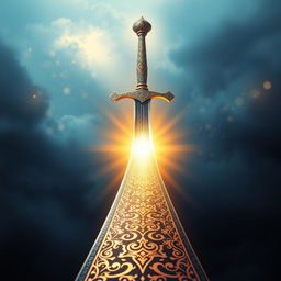 A stunning book cover design featuring an Islamic theme, showcasing the Sword of Imam Ali as a central visual element that transforms into a radiant pathway leading to heaven