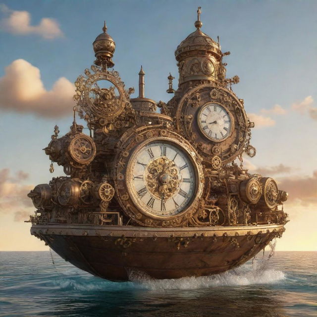 A whimsical clockpunk tanker, decorated with intricate gears, pendulums, and ticking clock faces, drifting in a tranquil sea under a sun-dial lit, golden-hour sky.