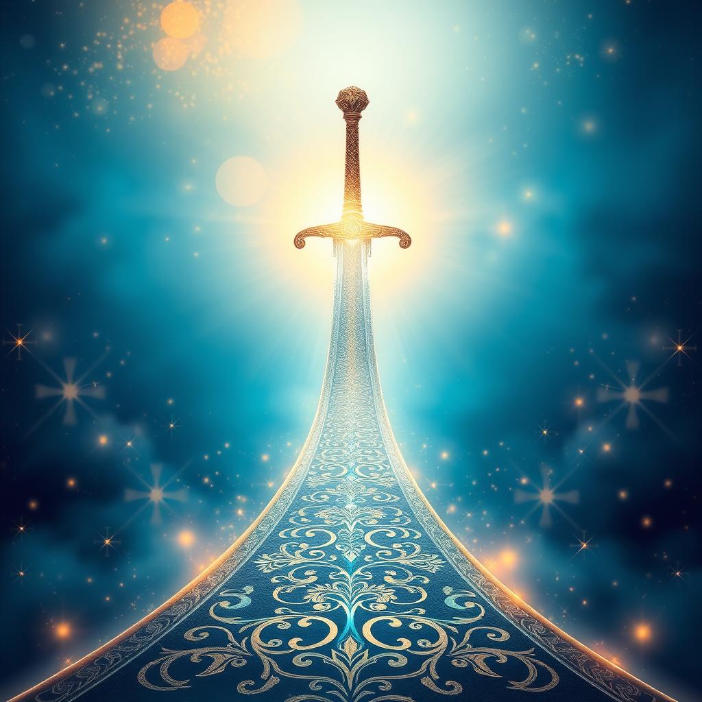 A stunning book cover design featuring an Islamic theme, showcasing the Sword of Imam Ali as a central visual element that transforms into a radiant pathway leading to heaven