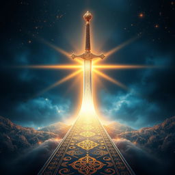 A stunning book cover design featuring an Islamic theme, showcasing the Sword of Imam Ali as a central visual element that transforms into a radiant pathway leading to heaven