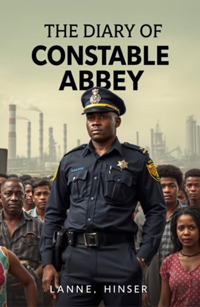 A book cover for 'The Diary of Constable Abbey', featuring a prominent yet subtle image of a police officer, standing confidently amongst a bustling crowd representing the challenges of public transportation in Lagos, Nigeria