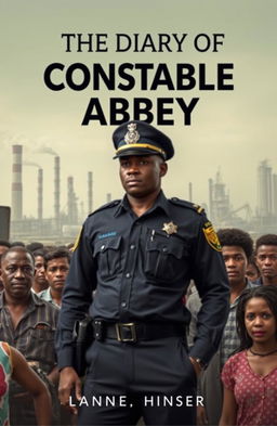 A book cover for 'The Diary of Constable Abbey', featuring a prominent yet subtle image of a police officer, standing confidently amongst a bustling crowd representing the challenges of public transportation in Lagos, Nigeria