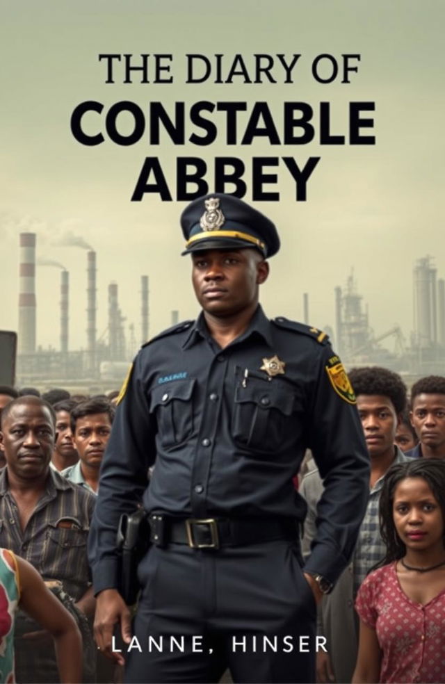 A book cover for 'The Diary of Constable Abbey', featuring a prominent yet subtle image of a police officer, standing confidently amongst a bustling crowd representing the challenges of public transportation in Lagos, Nigeria