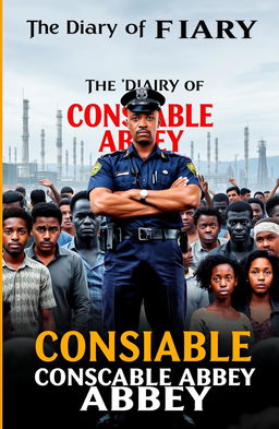 A book cover for 'The Diary of Constable Abbey', featuring a prominent yet subtle image of a police officer, standing confidently amongst a bustling crowd representing the challenges of public transportation in Lagos, Nigeria