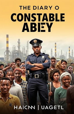 A book cover for 'The Diary of Constable Abbey', featuring a prominent yet subtle image of a police officer, standing confidently amongst a bustling crowd representing the challenges of public transportation in Lagos, Nigeria