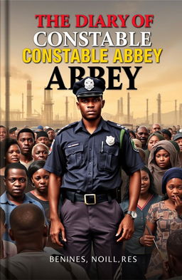 A book cover for 'The Diary of Constable Abbey', featuring a prominent yet subtle image of a police officer, standing confidently amongst a bustling crowd representing the challenges of public transportation in Lagos, Nigeria