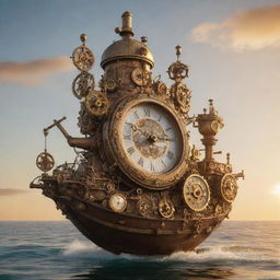 A whimsical clockpunk tanker, decorated with intricate gears, pendulums, and ticking clock faces, drifting in a tranquil sea under a sun-dial lit, golden-hour sky.