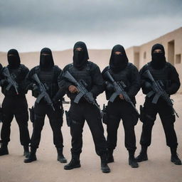 A squad of masked terrorists in a deserted location, dressed in dark outfits, holding weapons and looking menacing.