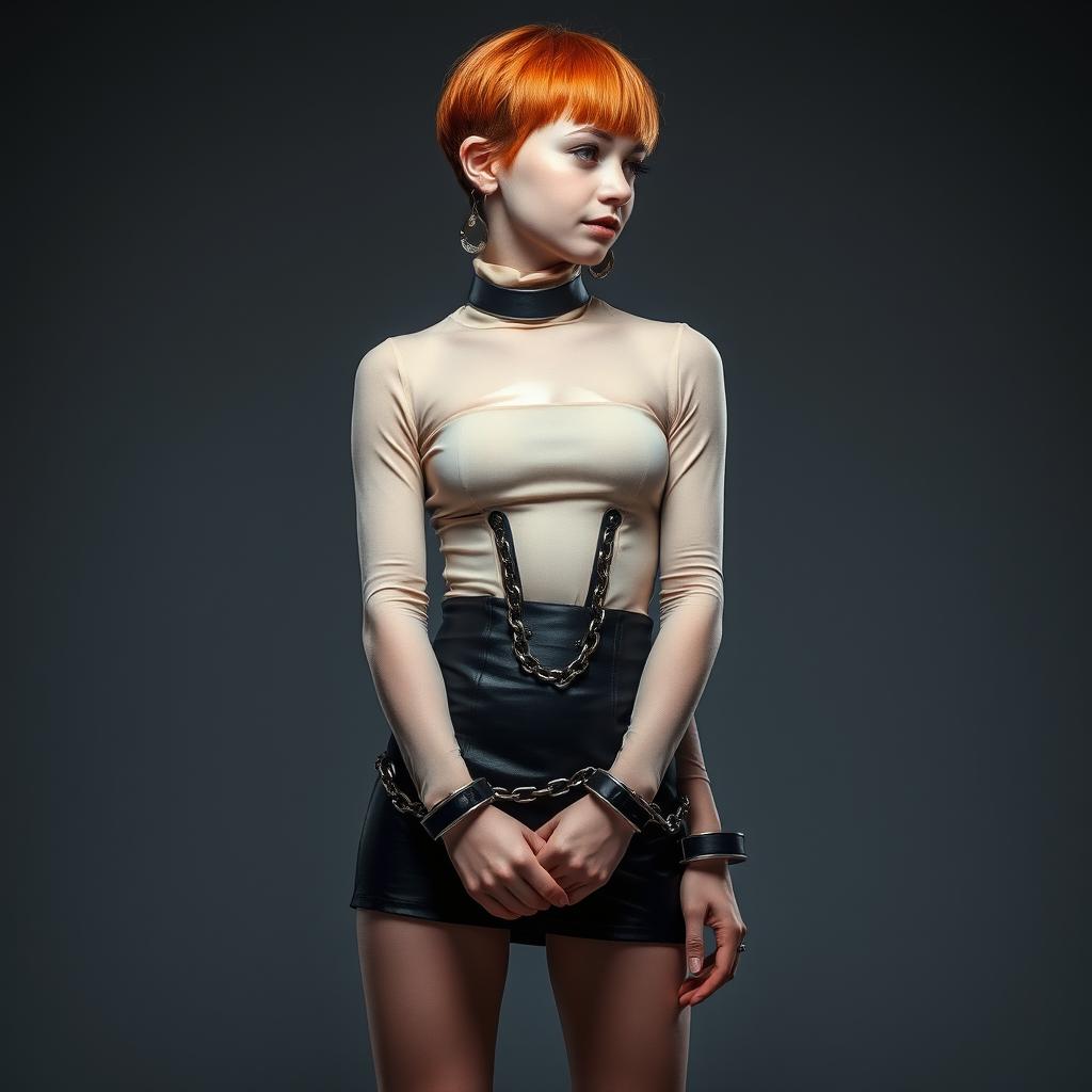 A full-body photograph of a girl with bright orange short hair, adorned with large earrings and a sleek tight steel collar