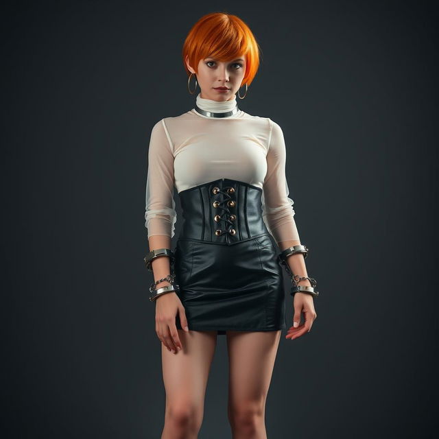 A full-body photograph of a girl with bright orange short hair, adorned with large earrings and a sleek tight steel collar