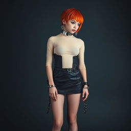 A full-body photograph of a girl with bright orange short hair, adorned with large earrings and a sleek tight steel collar