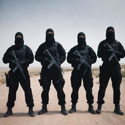 A squad of masked terrorists in a deserted location, dressed in dark outfits, holding weapons and looking menacing.