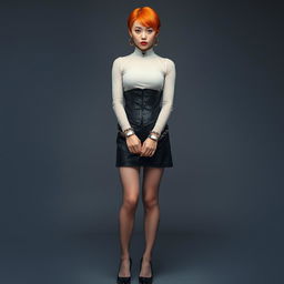 A full-body photograph of a girl with bold orange short hair, wearing large earrings and a tight steel collar accentuating her pale skin