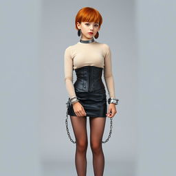 A full-body photograph of a girl with bold orange short hair, wearing large earrings and a tight steel collar accentuating her pale skin