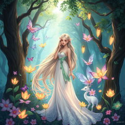 A detailed and vibrant illustration of a fantasy scene set in an enchanted forest, featuring ethereal beings with an alluring yet tasteful aesthetic