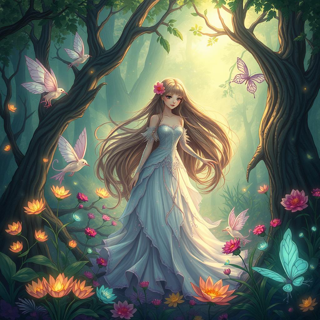 A detailed and vibrant illustration of a fantasy scene set in an enchanted forest, featuring ethereal beings with an alluring yet tasteful aesthetic