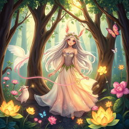 A detailed and vibrant illustration of a fantasy scene set in an enchanted forest, featuring ethereal beings with an alluring yet tasteful aesthetic