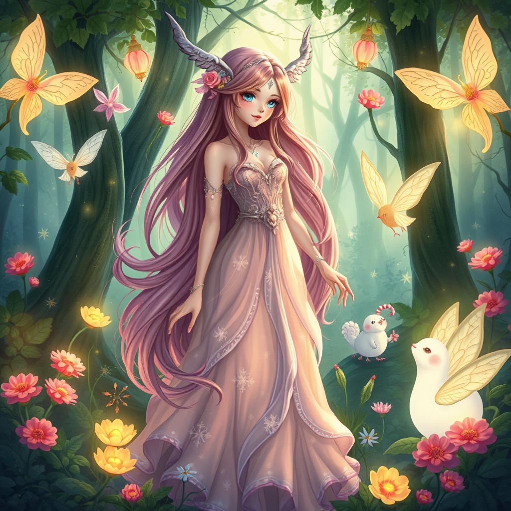 A detailed and vibrant illustration of a fantasy scene set in an enchanted forest, featuring ethereal beings with an alluring yet tasteful aesthetic