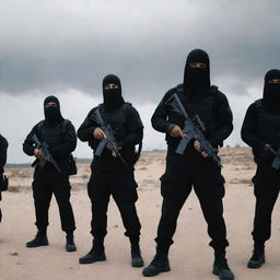 A squad of masked terrorists in a deserted location, dressed in dark outfits, holding weapons and looking menacing.