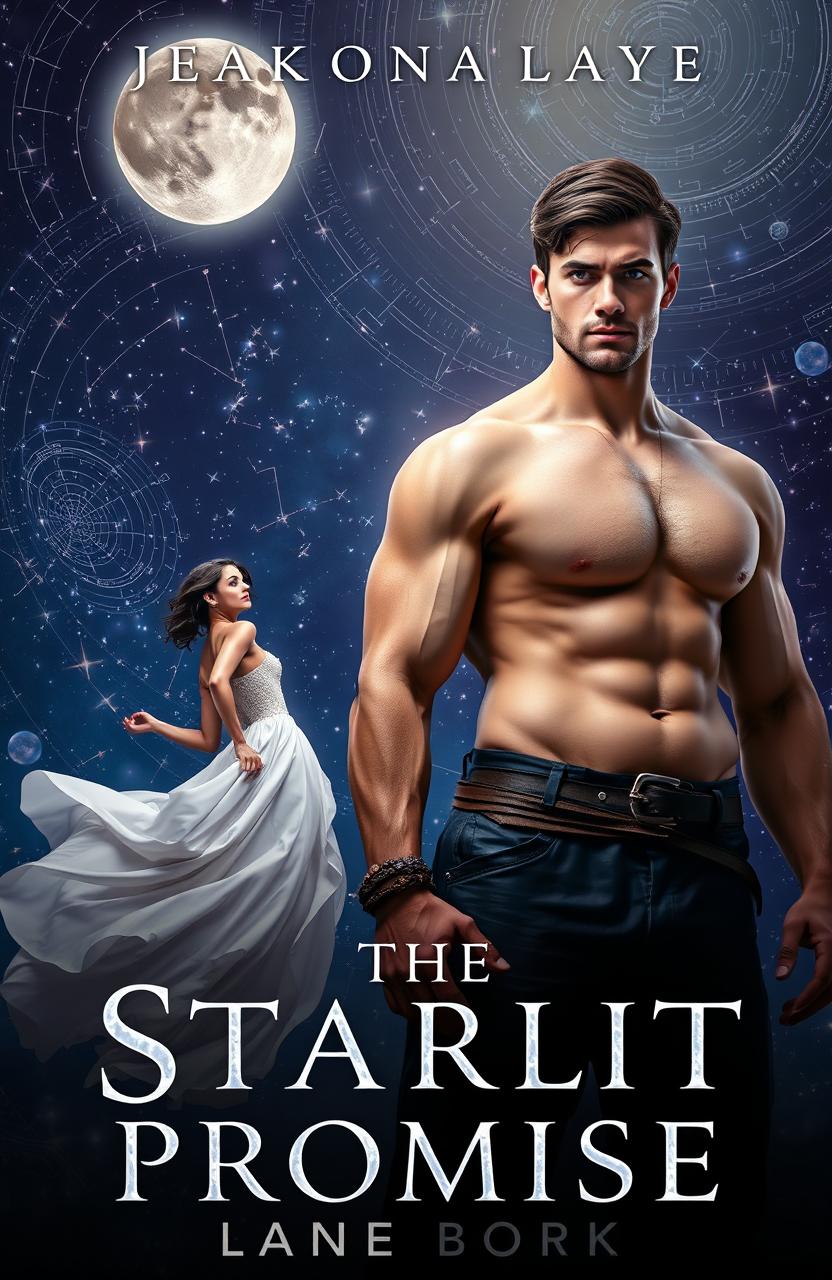 A book cover for "The Starlit Promise" set beneath a vast night sky filled with twinkling stars and swirling constellations