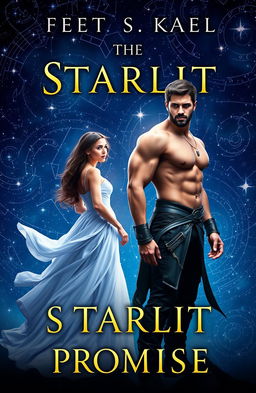 A book cover for "The Starlit Promise" set beneath a vast night sky filled with twinkling stars and swirling constellations