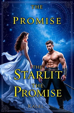 A book cover for "The Starlit Promise" set beneath a vast night sky filled with twinkling stars and swirling constellations