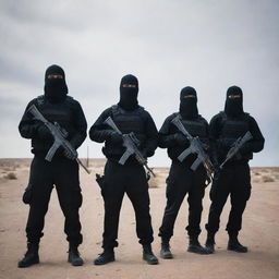 A squad of masked terrorists in a deserted location, dressed in dark outfits, holding weapons and looking menacing.