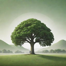 Design a high-definition, 3D-style environmental poster featuring a prominent central tree. Modern-stylized, back-facing individuals, some backpacking, reside in the distance. Balance a faintly green, expansive landscape against a distant skyline. The poster should celebrate the harmony between humans and the natural environment.