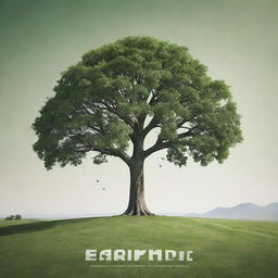 Design a high-definition, 3D-style environmental poster featuring a prominent central tree. Modern-stylized, back-facing individuals, some backpacking, reside in the distance. Balance a faintly green, expansive landscape against a distant skyline. The poster should celebrate the harmony between humans and the natural environment.