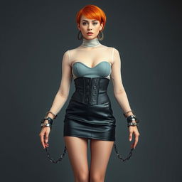 A full body portrait of a woman with vibrant orange short hair and pale skin